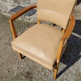 Office armchair from the 50s in beech tinted sycamore and moleskine