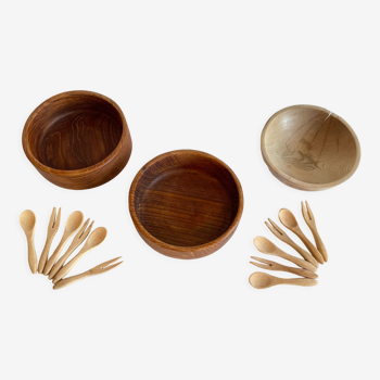 Set of 3 bowls and 12 cutlery in wood and teak