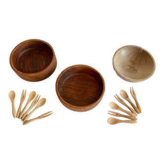 Set of 3 bowls and 12 cutlery in wood and teak