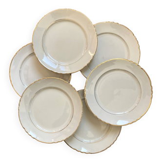 Set of 6 flat white and gold plates in antique earthenware Moulin des loups Orchies vintage