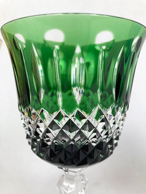 Set of five large colored crystal foot glasses