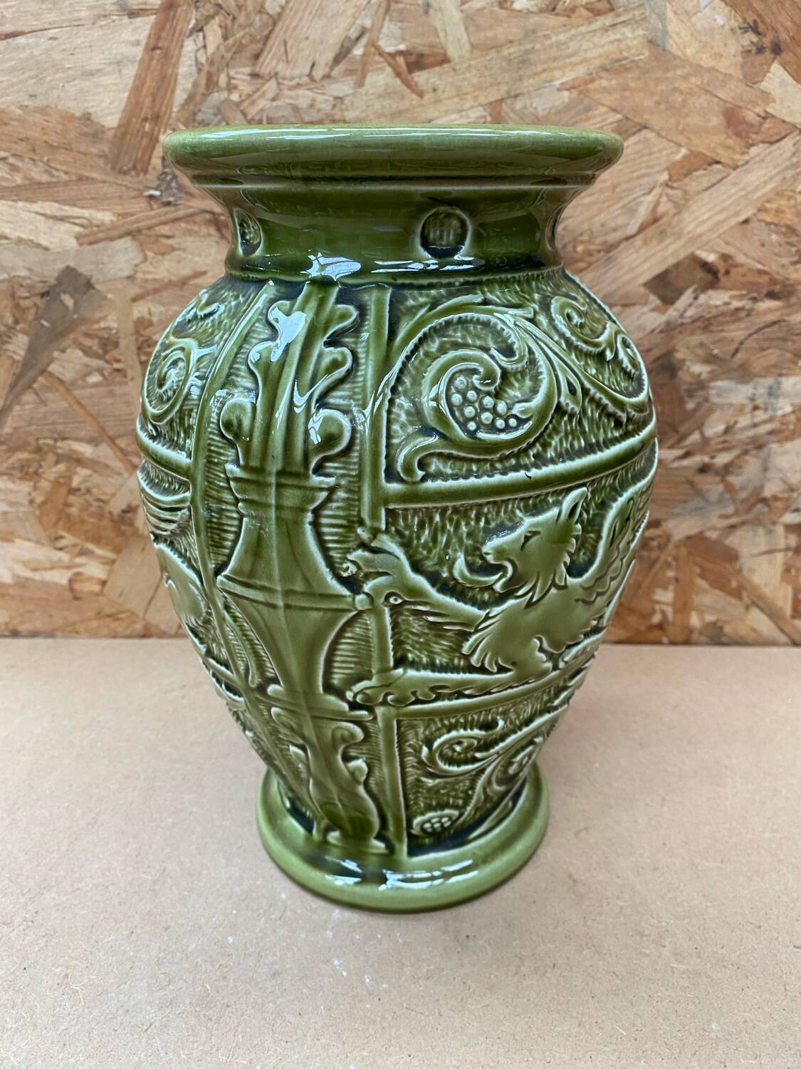 Antique ironstone vase green ceramic relief decor made in england vintage