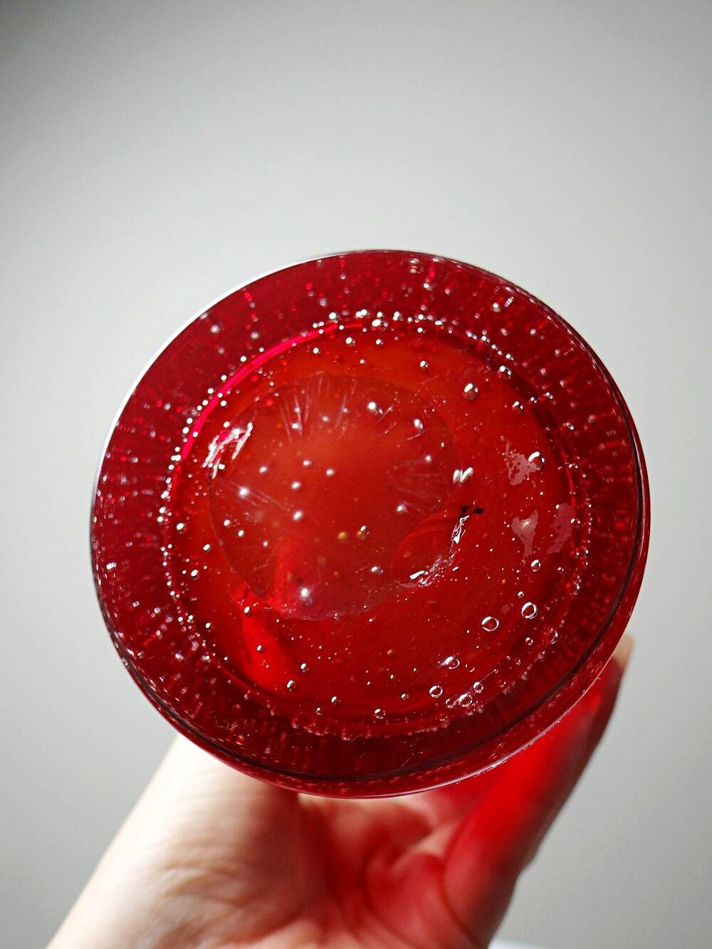 Red blown glass bubble tube vase in Murano style, vintage 80s-90s.