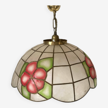 Vintage mother-of-pearl and brass flower pendant light