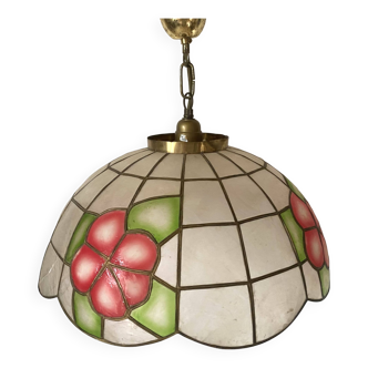 Vintage mother-of-pearl and brass flower pendant light