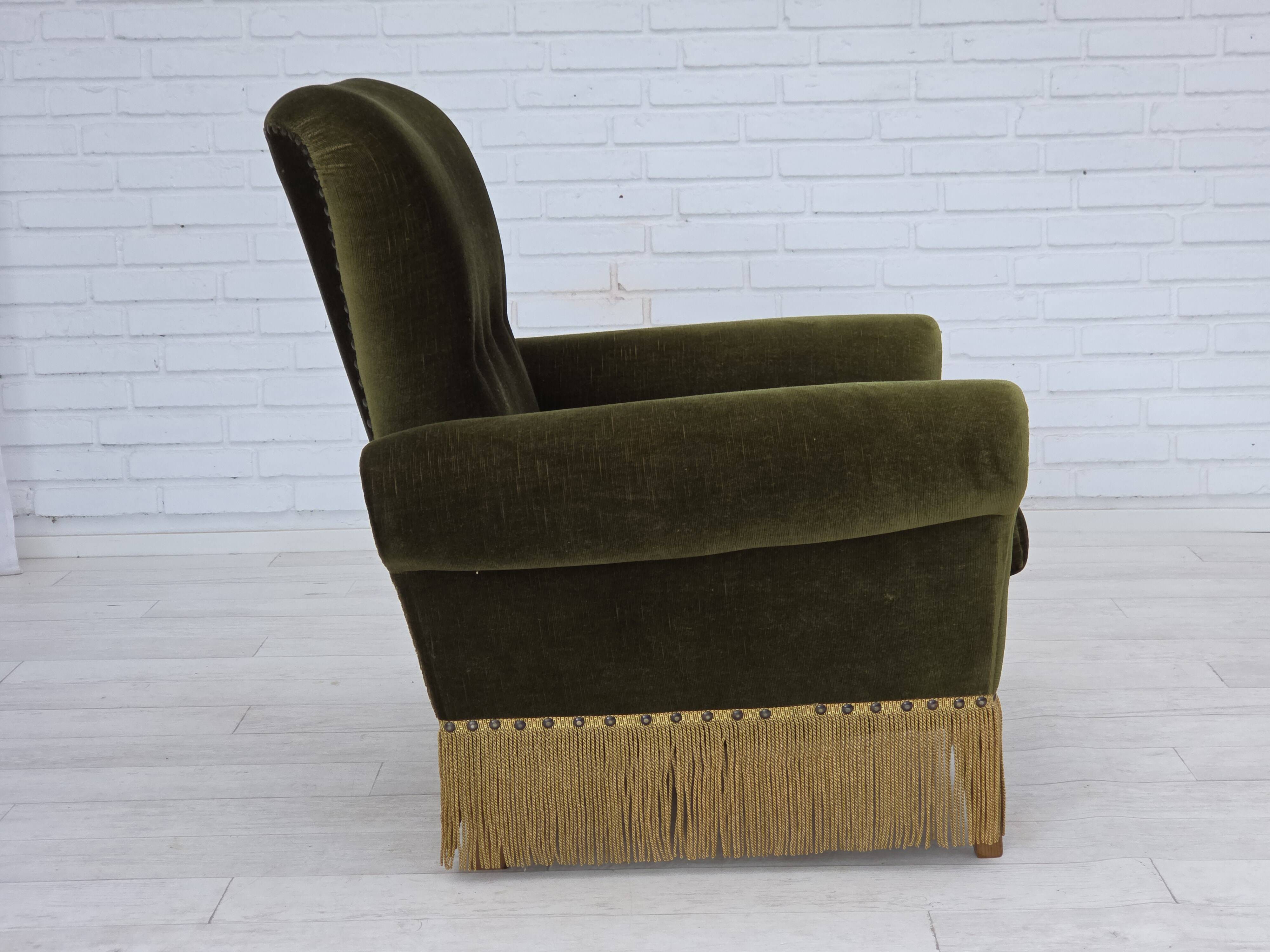 1970s, Danish lounge chair, high, furniture velour, ash wood legs.