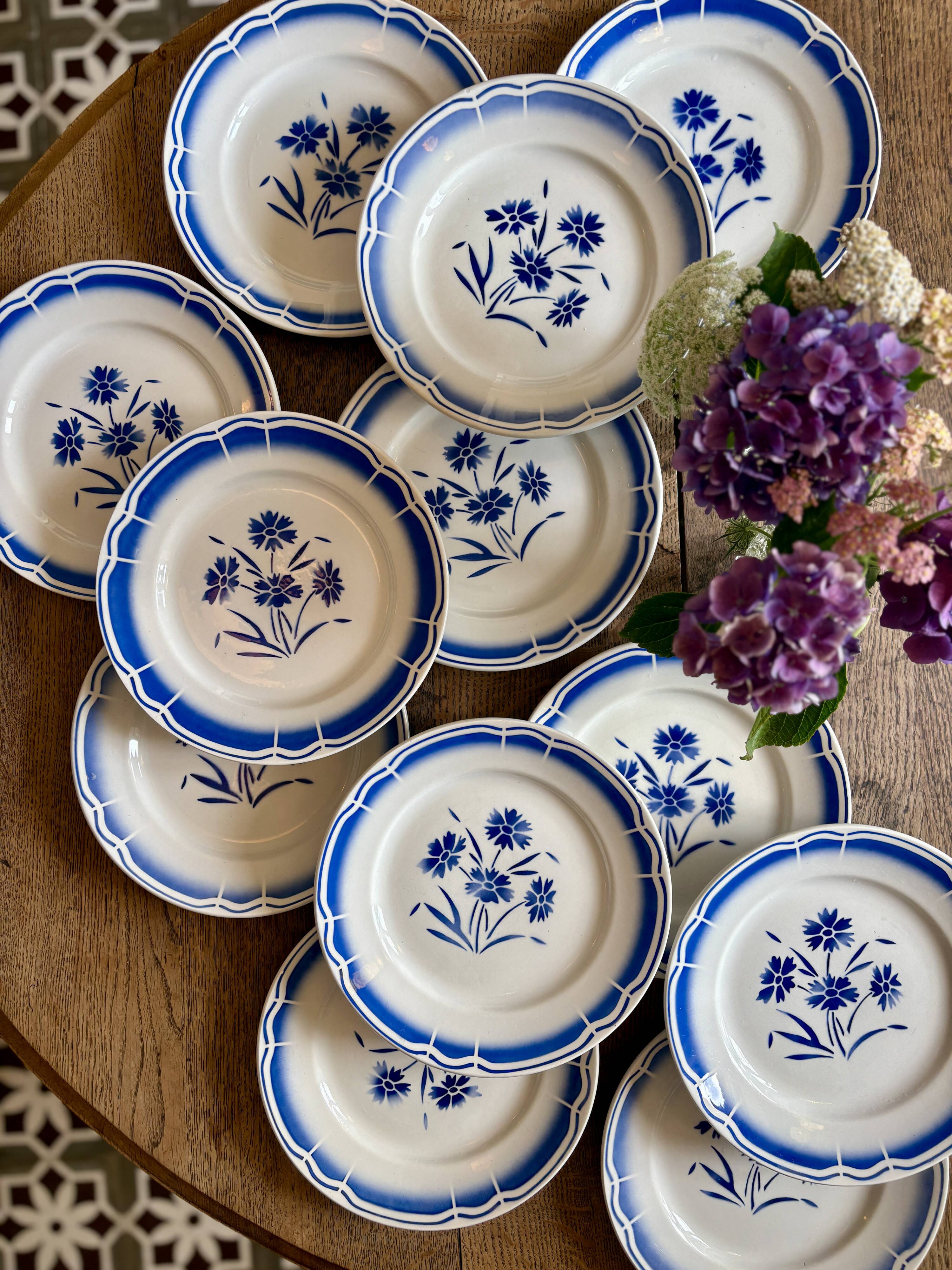 Set of 12 antique flat plates, blue flower decorations