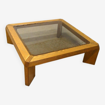 grande table basse en chêne et verre fume, 1970