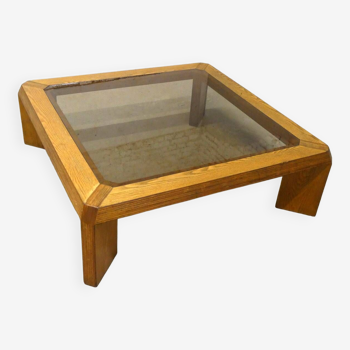 large coffee table in oak and smoked glass, 1970