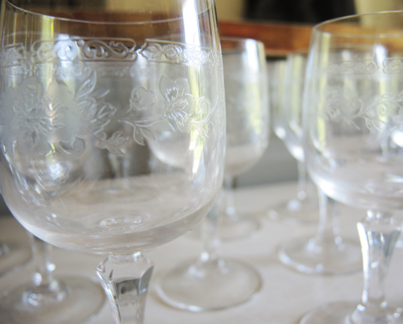 Set of 24 old engraved crystal foot glasses