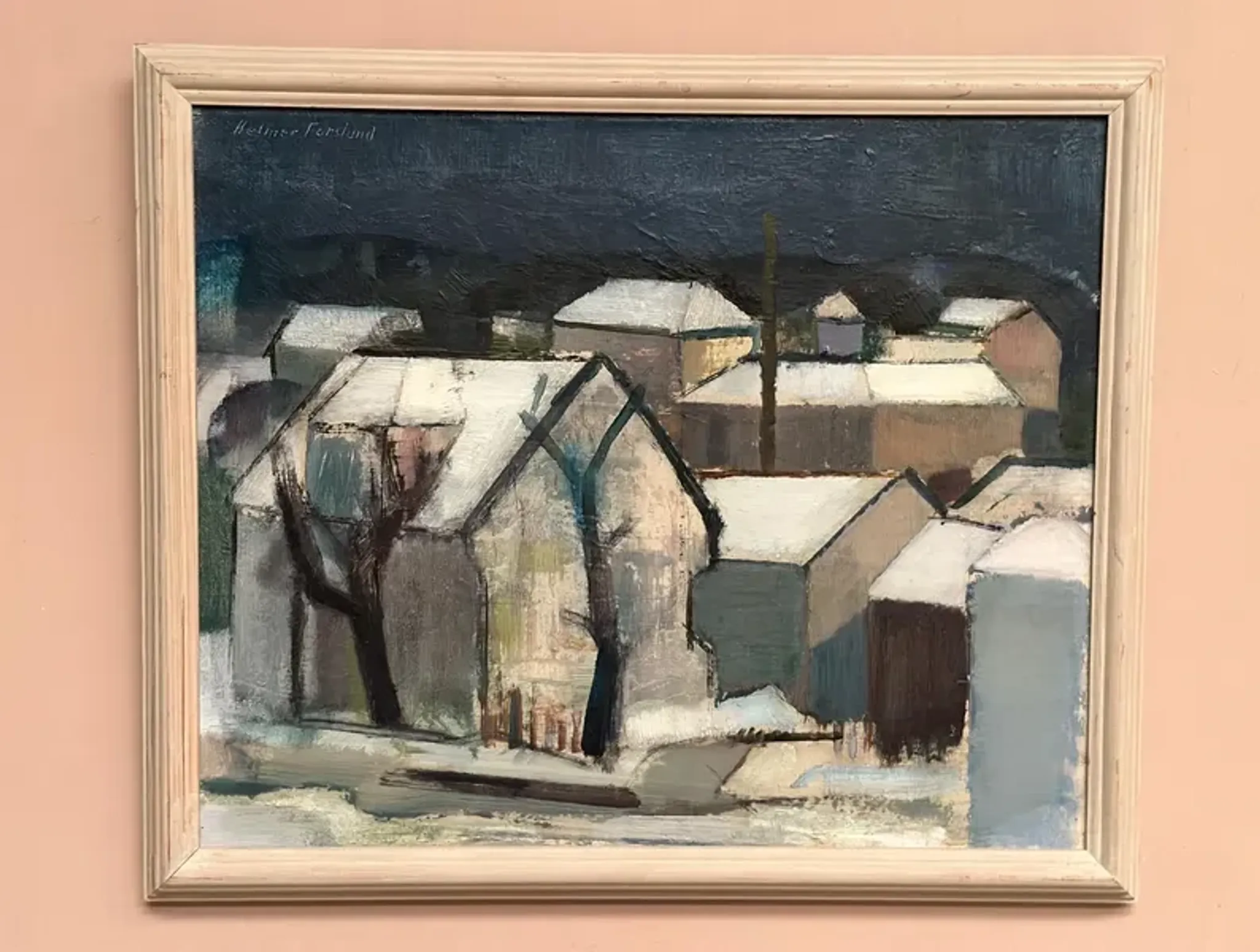 Original Swedish Oil on Canvas – "Winter Night in the City" by Helmer Forslund – Signed – Vintage and Framed – 45 × 37 cm (17.7" × 14.6")