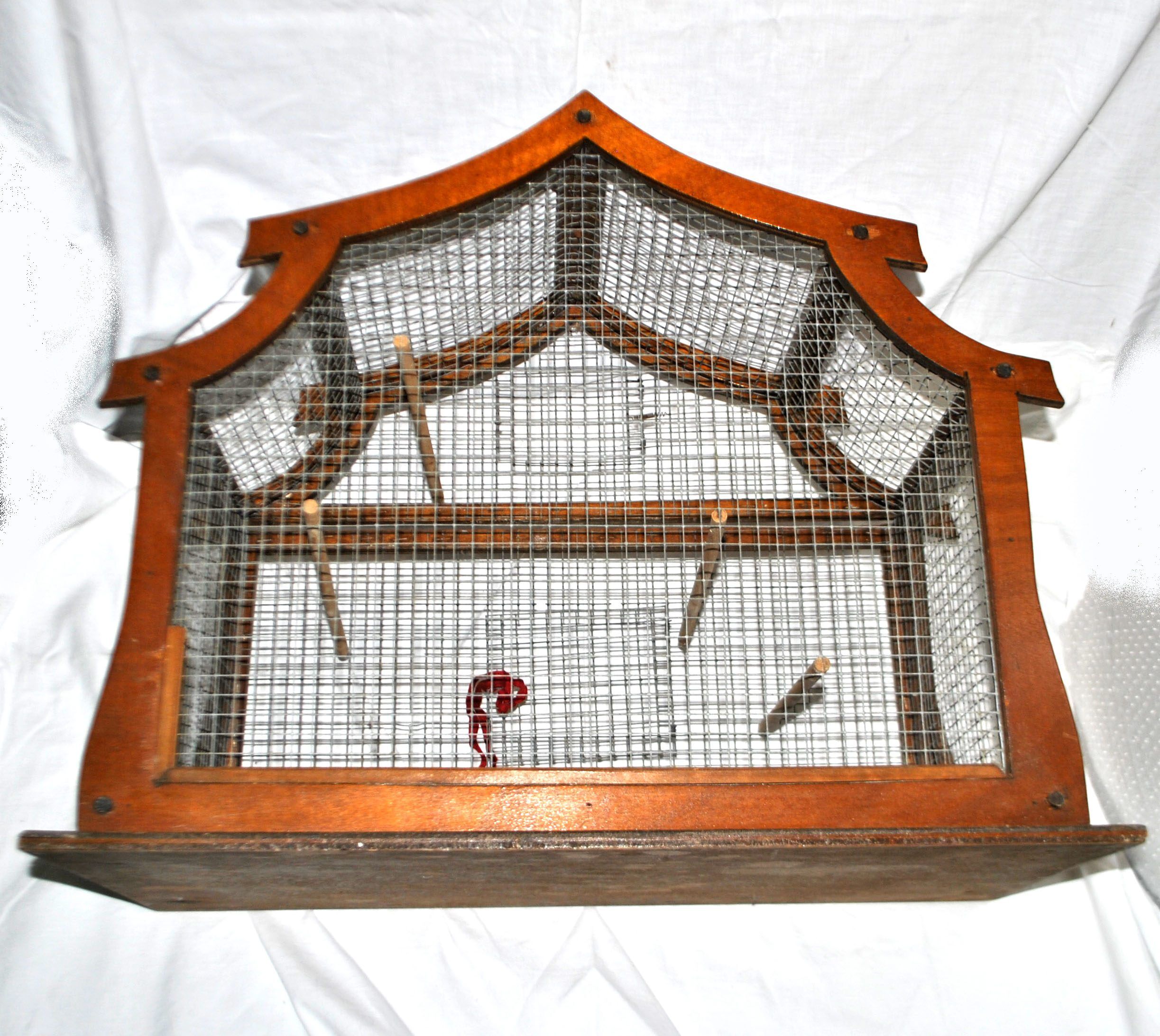 Large vintage wooden birdcage with metal mesh - Handmade 1960s