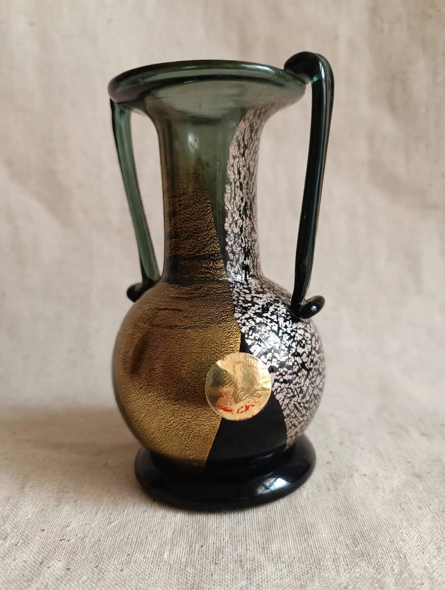 Murano Vintage 1960 Vase Amphora - Black Gold Silver - Original Label