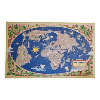 Original Air France Planisphere Largest Network in the World - Lucien Boucher 1959