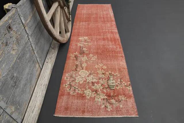 1970s Vintage Turkish Hand-Knotted Wool Cotton Red Runner Rug 82x270
