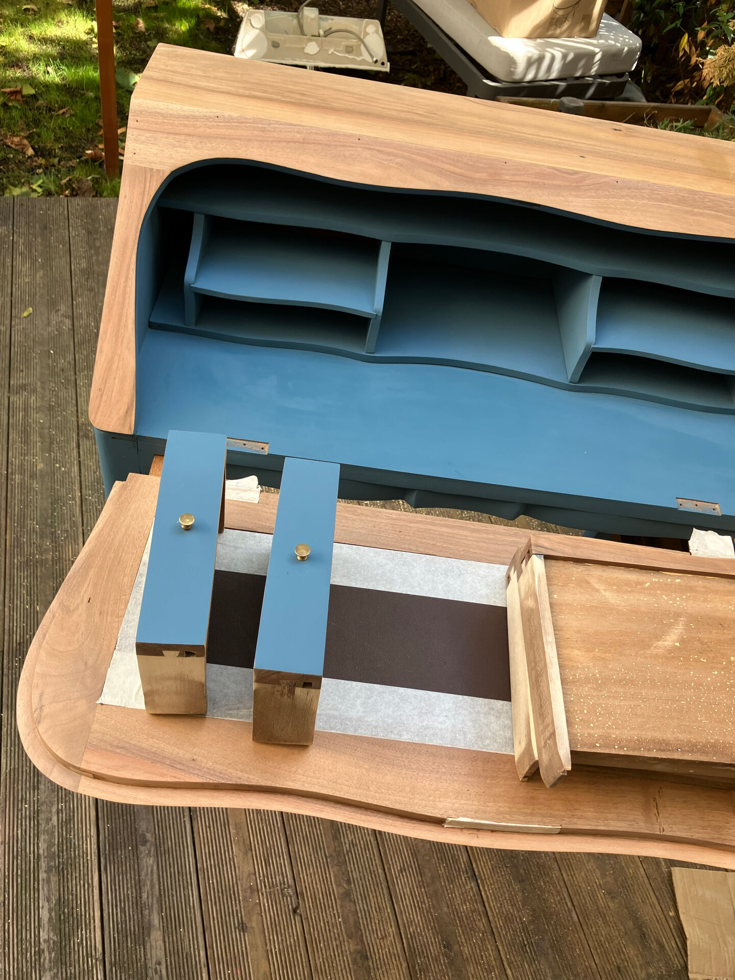 Restored antique drop-leaf secretary – natural wood & midnight blue