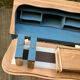 Restored antique drop-leaf secretary – natural wood & midnight blue