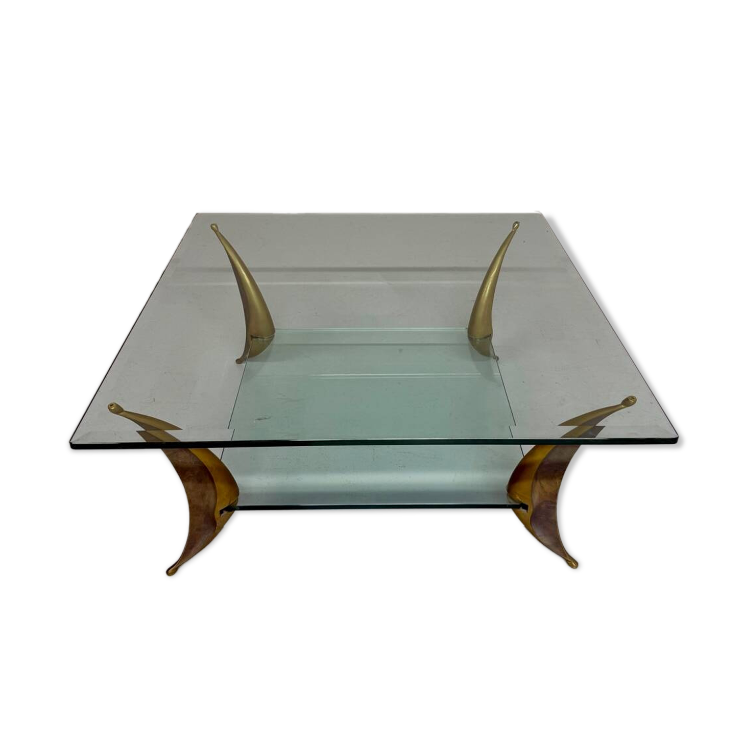 Glass coffee table with solid brass legs, Italian design from the 60s