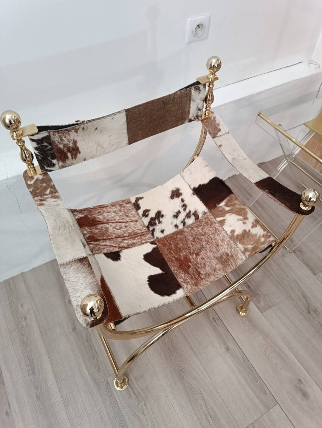Leather and brass side chair by Simon Disegno Italy 1970s