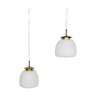 Set of two milk glass and brass design lights