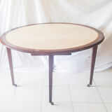 Mahogany game table and mahogany veneer, rolling half-moon console or round table.