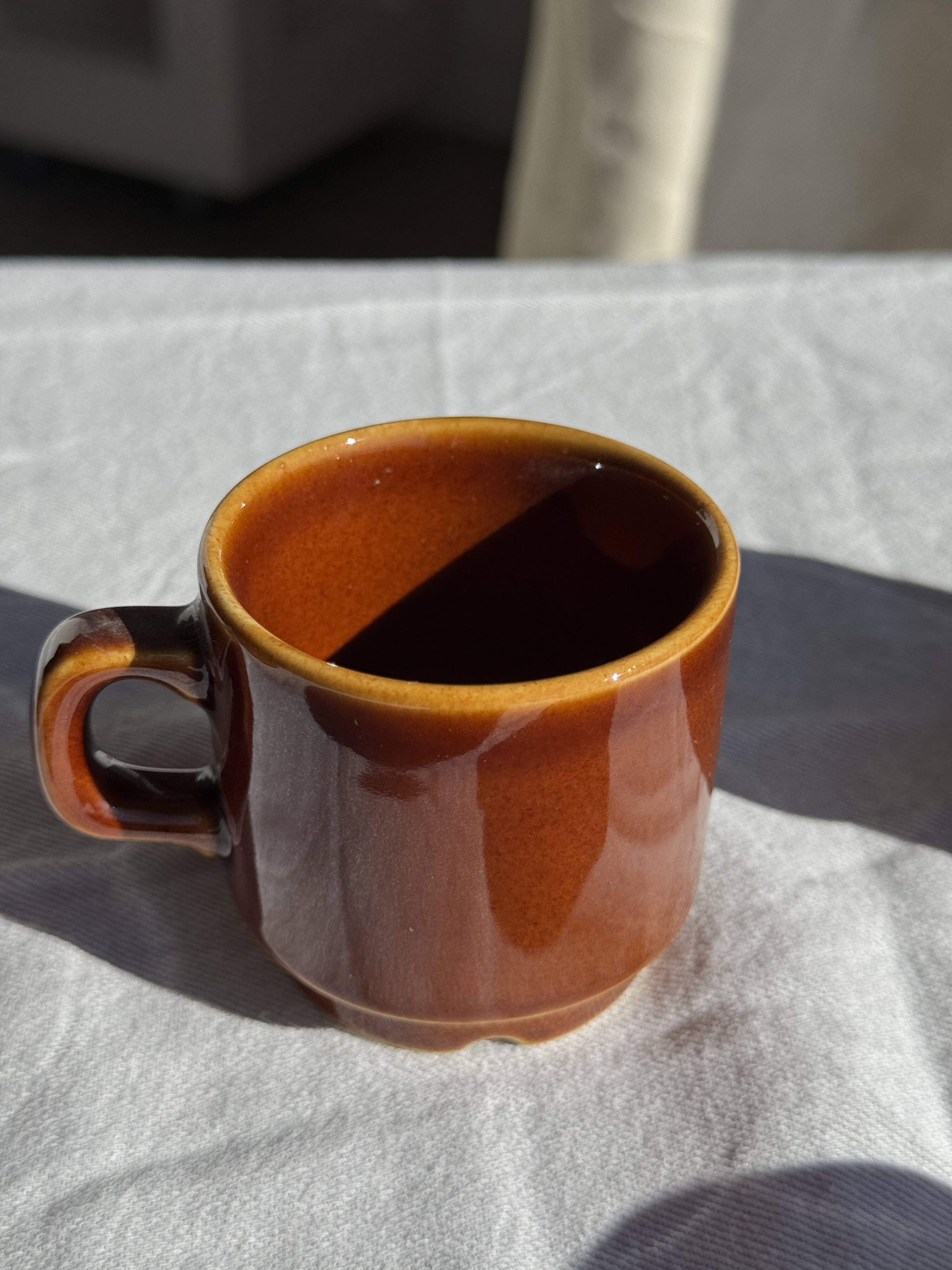 Set of 6 vintage brown glazed ceramic espresso cups with saucers.