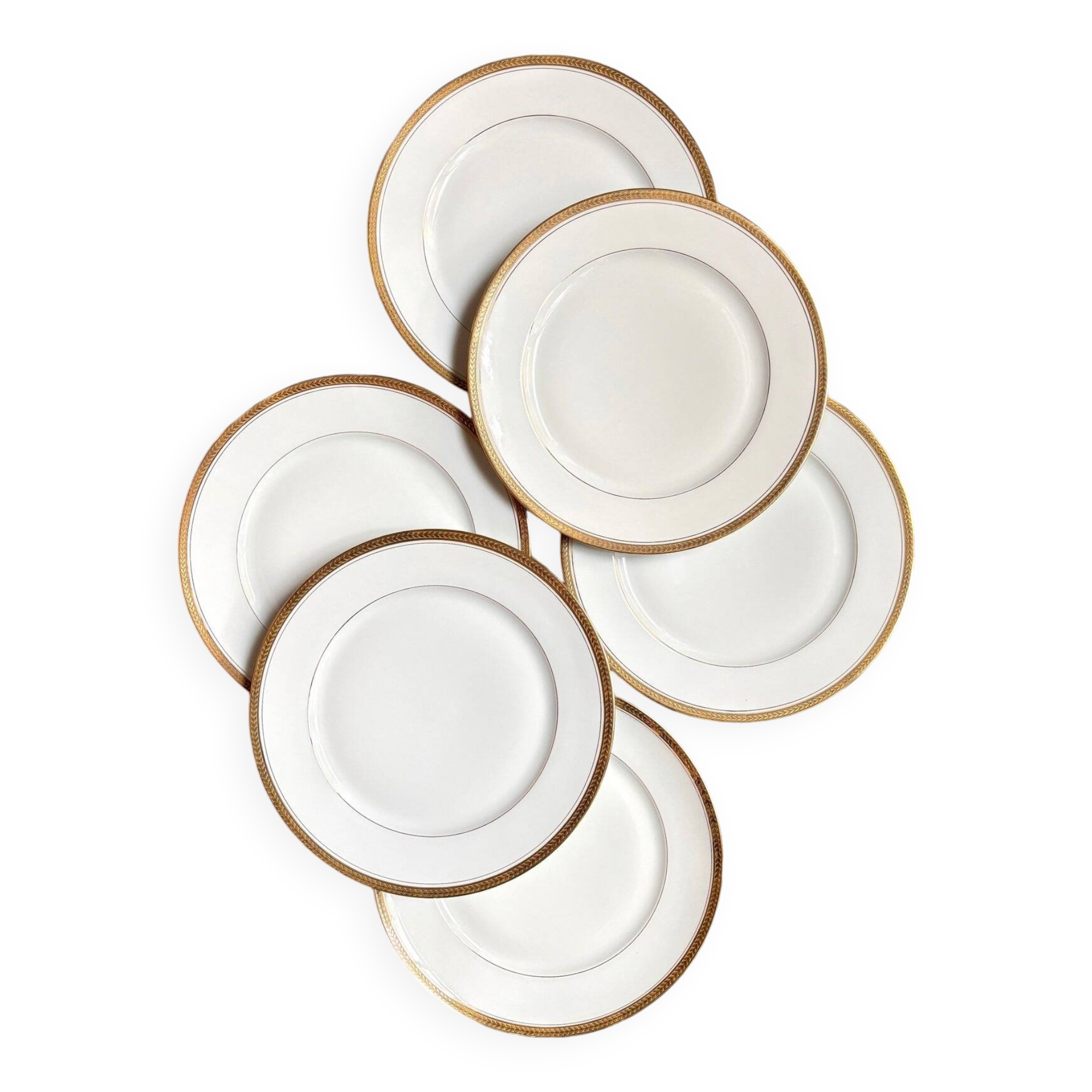 6 flat plates in white and gold Limoges porcelain