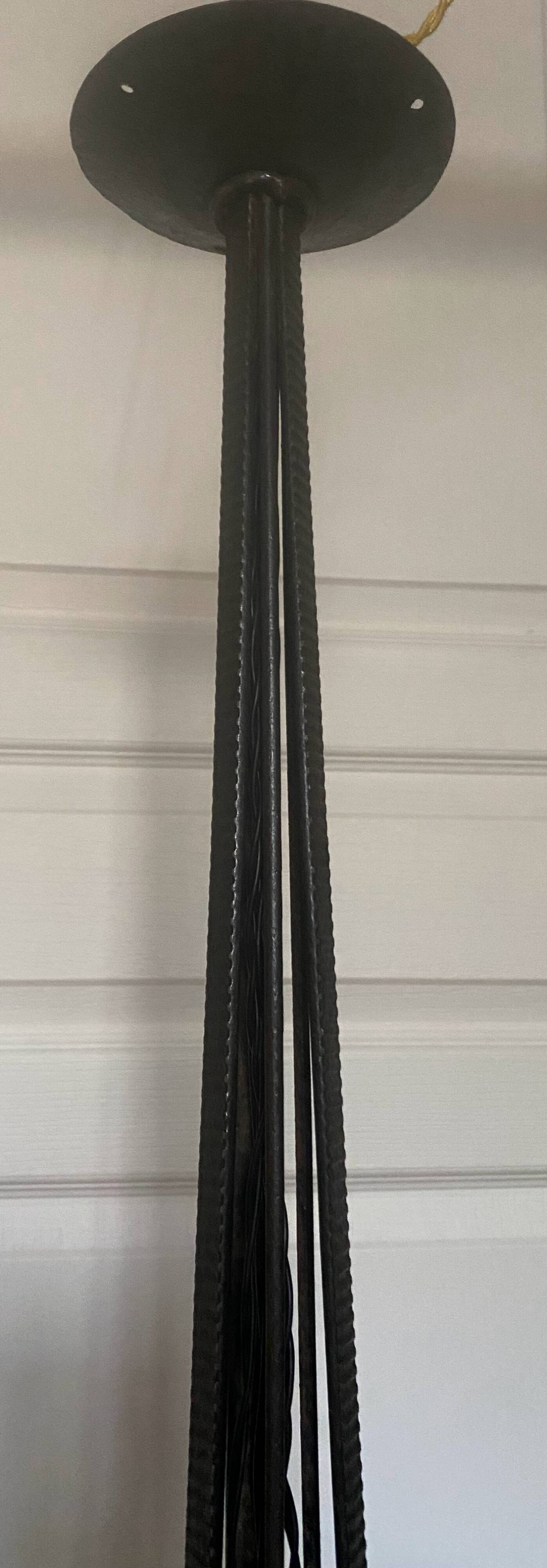 Antique Art Deco wrought iron lustre with 3 tulips in pâte de verre signed Delatte.