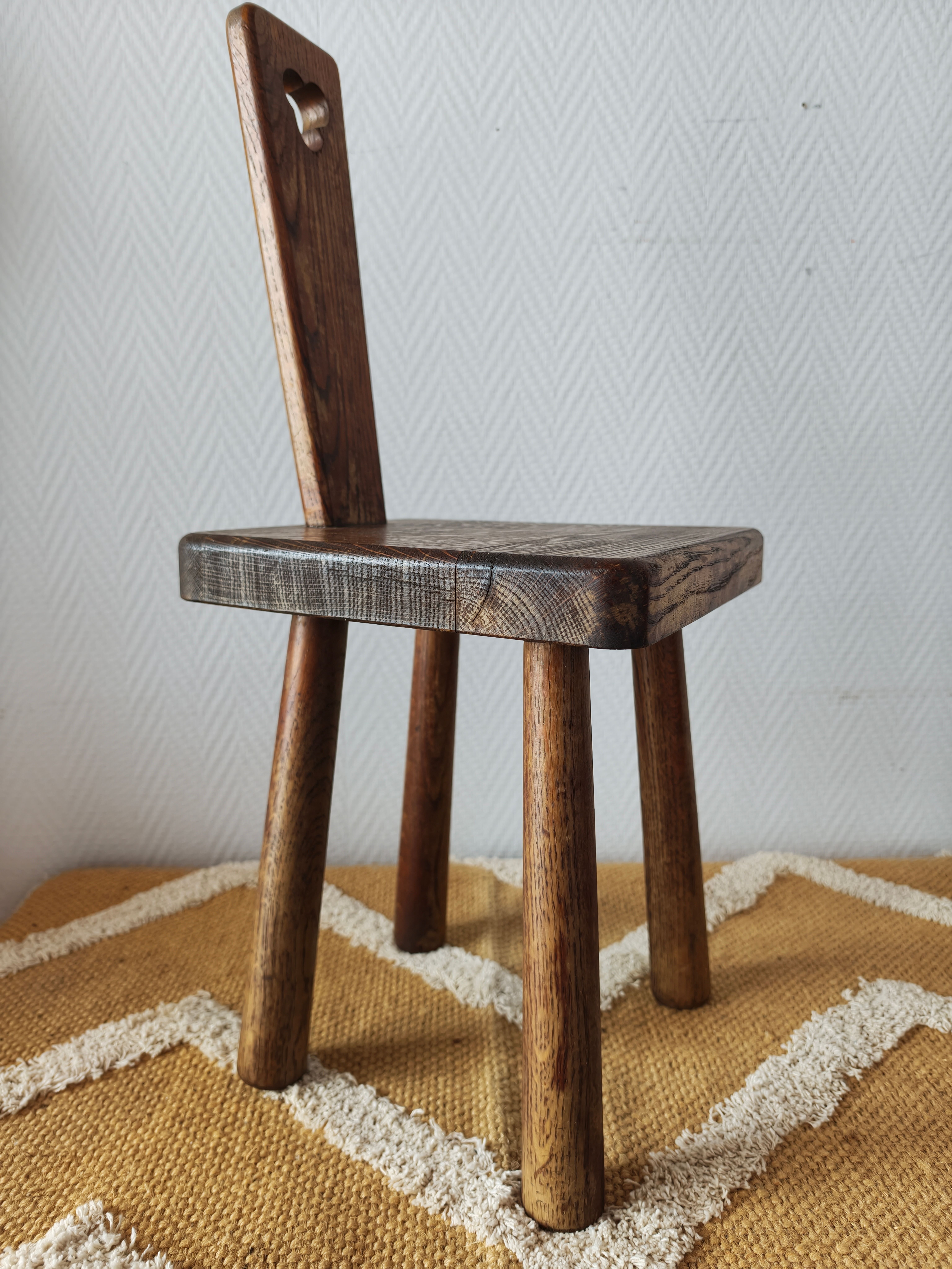 Brutalist stool with backrest in solid oak, origin Netherlands