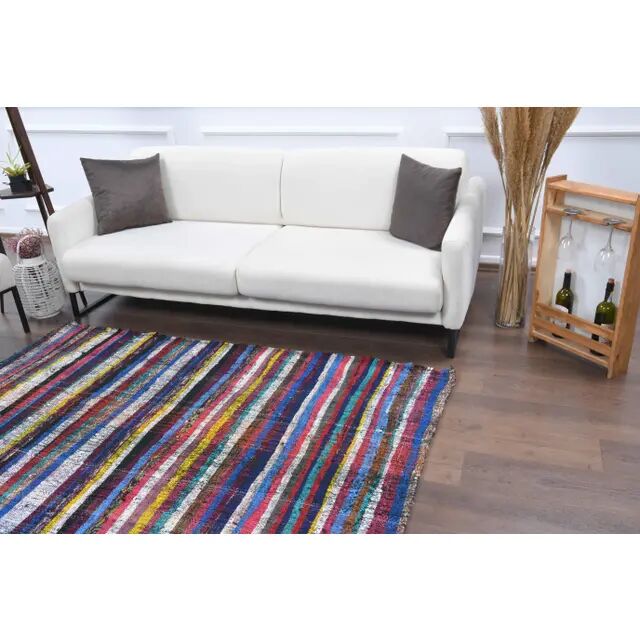 Tapis kilim vintage turc Oushak fait main en laine et coton bleu