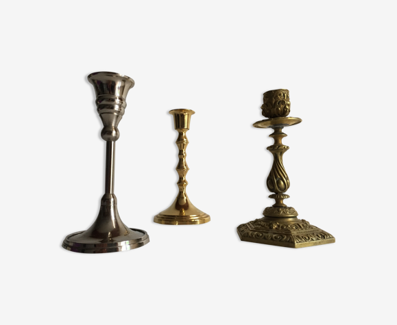 3 bougeoirs laiton et métal argenté
