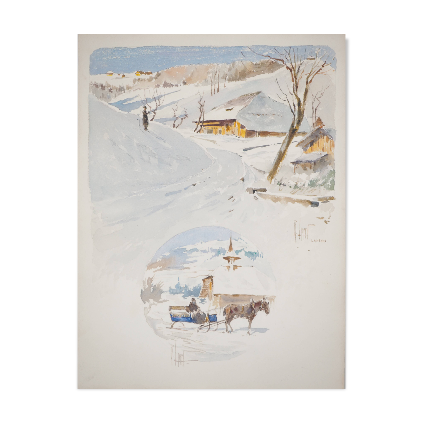 René leverd: switzerland, carriage ride in lagnau, original signed watercolor