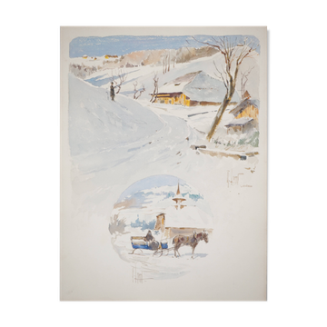 René leverd : suisse, tour de calèche à lagnau, aquarelle originale signée