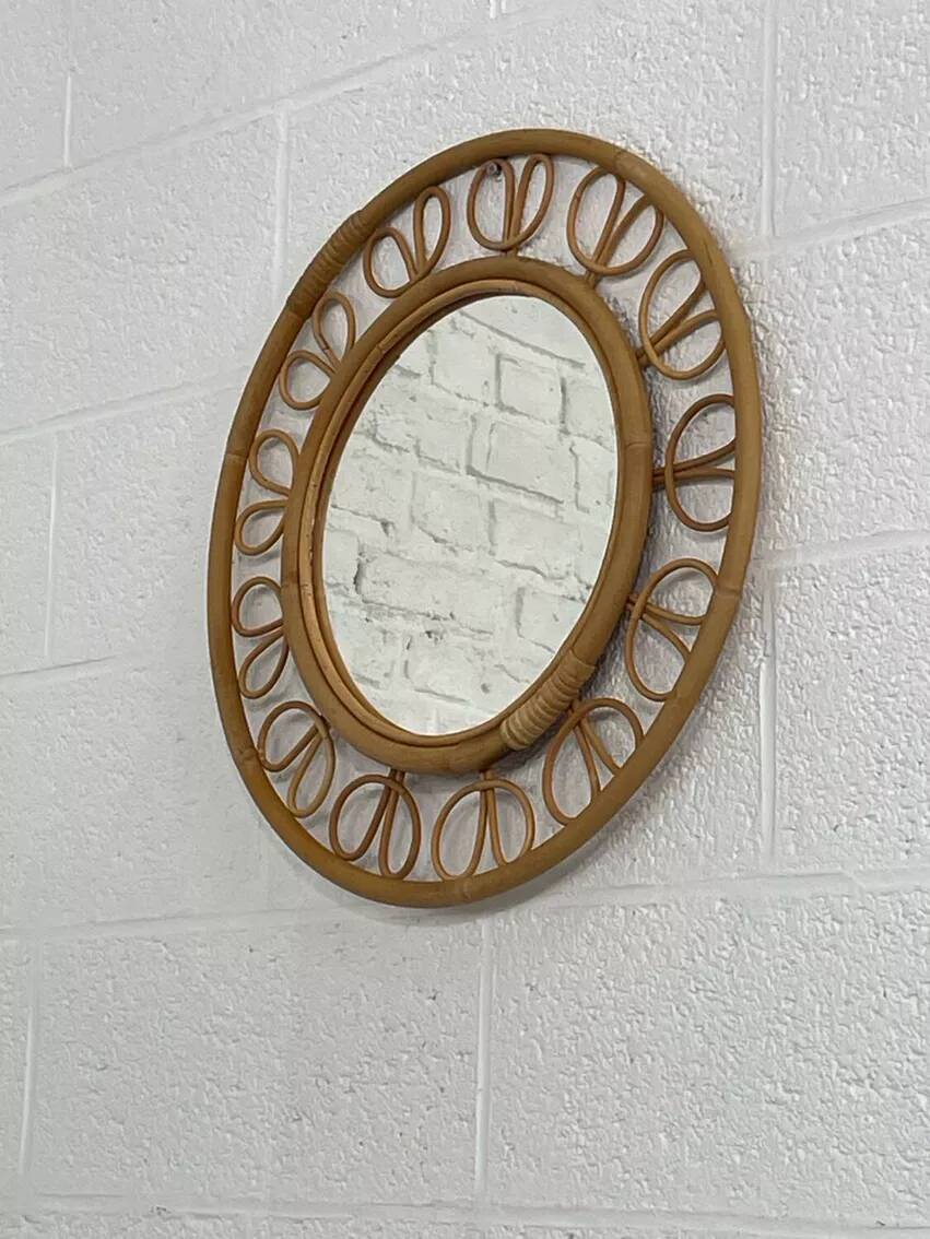 1950s round mirror in bamboo and rattan