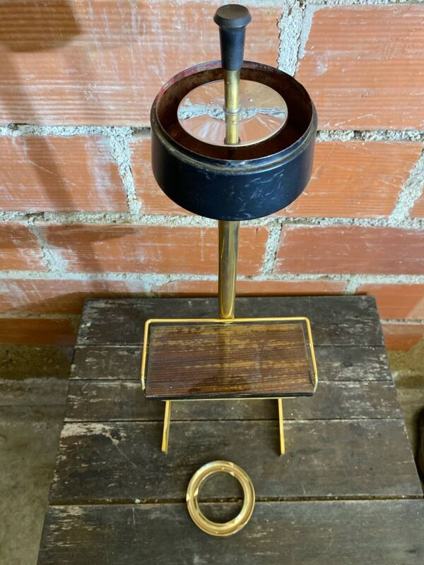 Cendrier Sur Pied Laiton + Tablette Bois + Cendrier Métal Noir Vintage