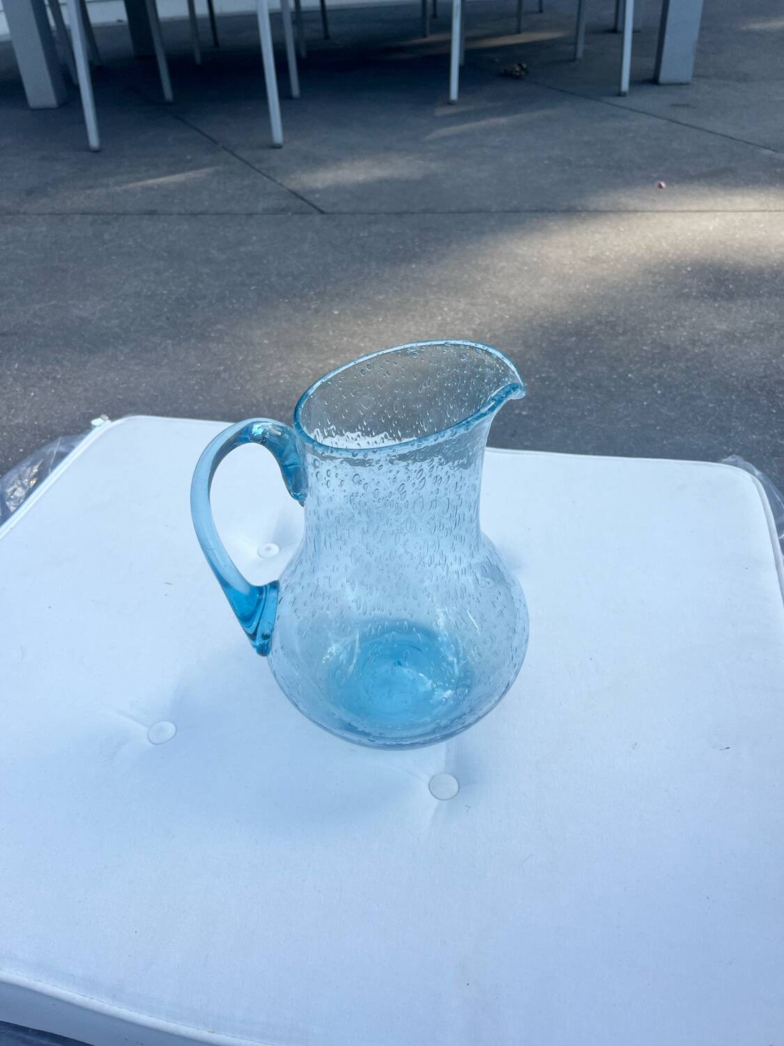 Blue bubble glass pitcher signed Biot – Provence