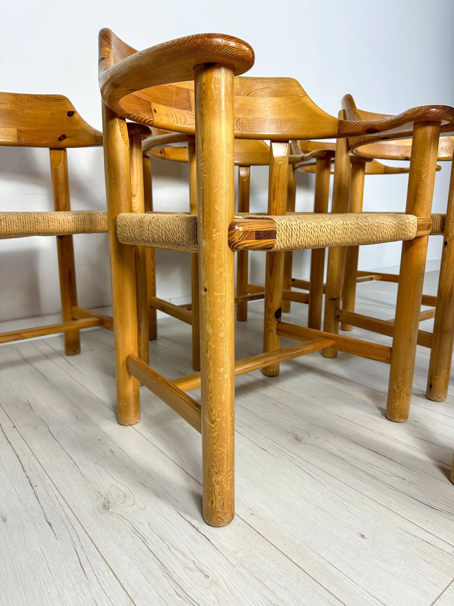 1970s Set of 6 Vintage Pine Dining Armchairs by Rainer Daumiller