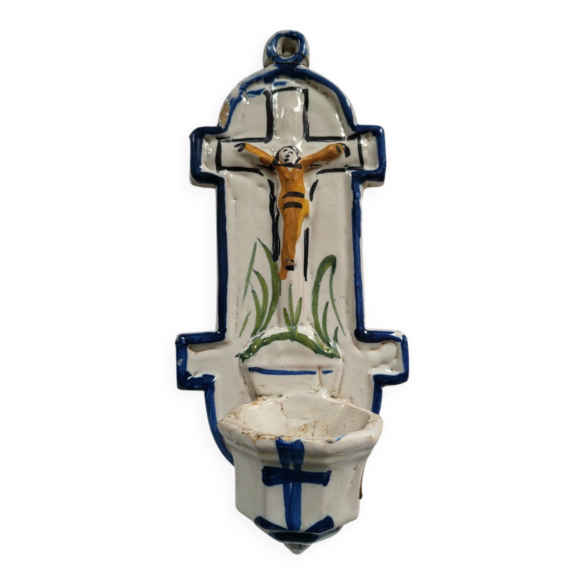 Old Faience Baptismal Font Enamelled Cross