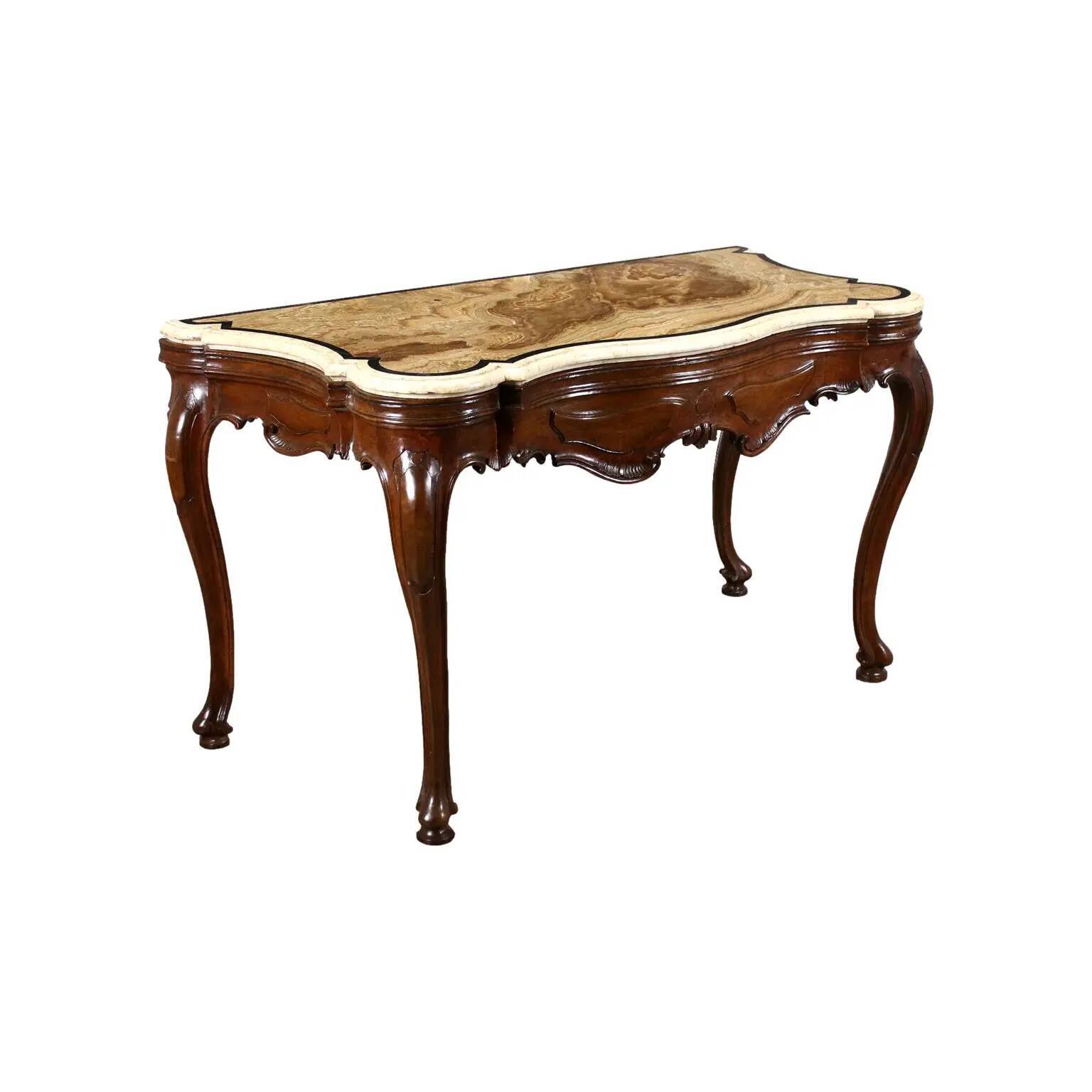 Baroque Venetian console in walnut, alabaster and marble, Italy 18th century.