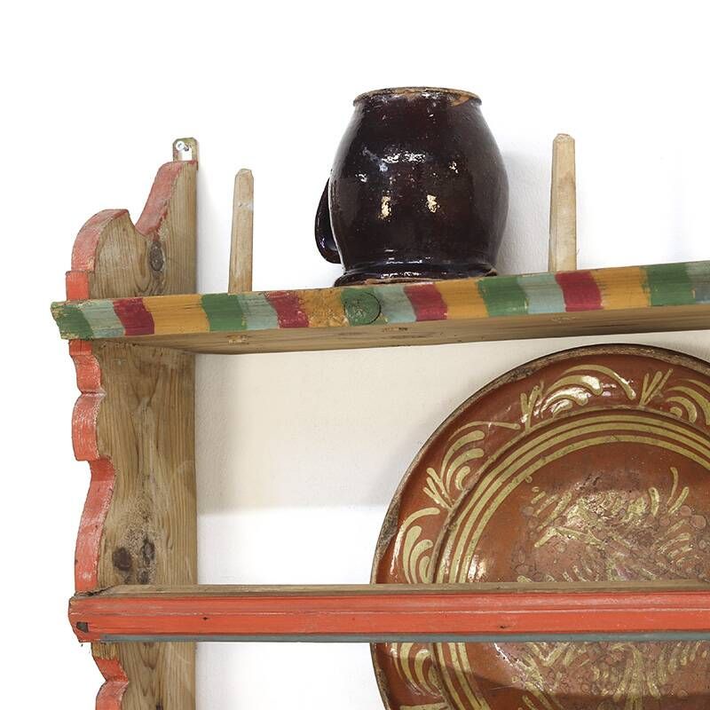 Antique Rustic Farmhouse Folk Art Painted Kitchen Plate Rack / Wall Shelve