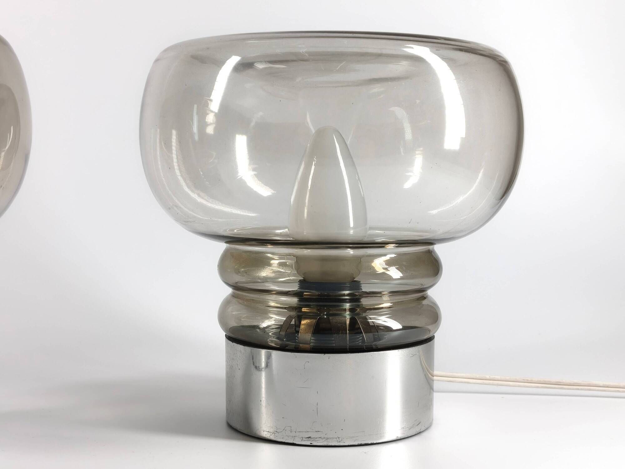 Pair of vintage 70s lamps in smoked glass – retro design lighting
