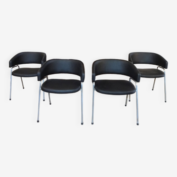 4 chaises tubulaires modèle AP 22 avec cuir noir par Hein Salomonson & Theo Tempelman pour Ap Originals