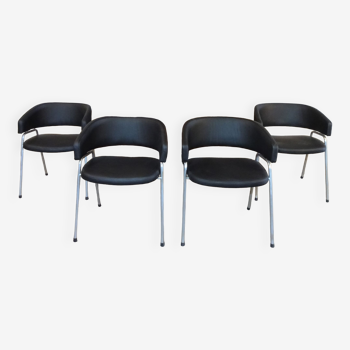 4 tubular chairs model AP 22 with black leather by Hein Salomonson & Theo Tempelman for Ap Originals