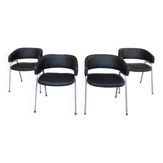 4 tubular chairs model AP 22 with black leather by Hein Salomonson & Theo Tempelman for Ap Originals