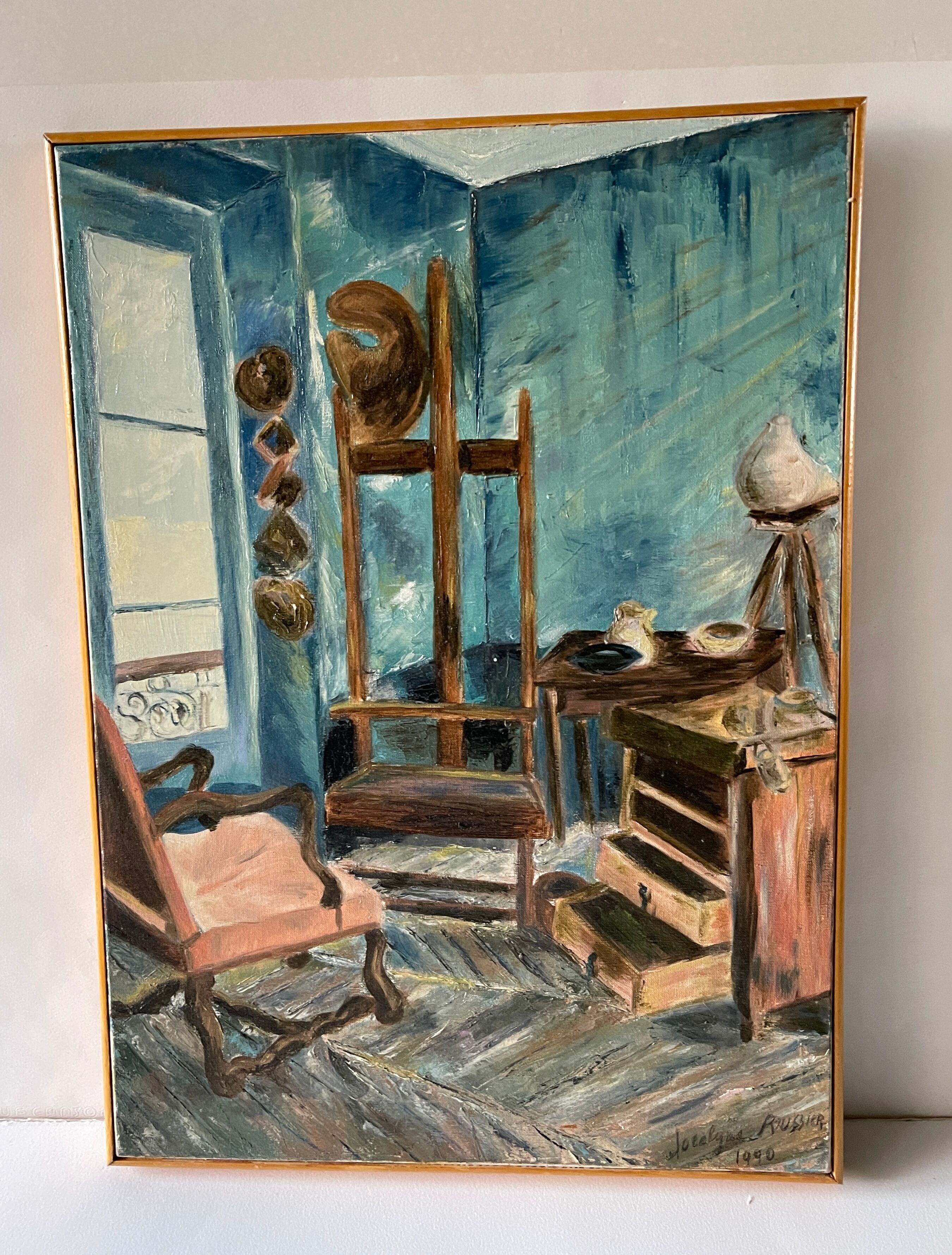 Oil on canvas interior of workshop signed