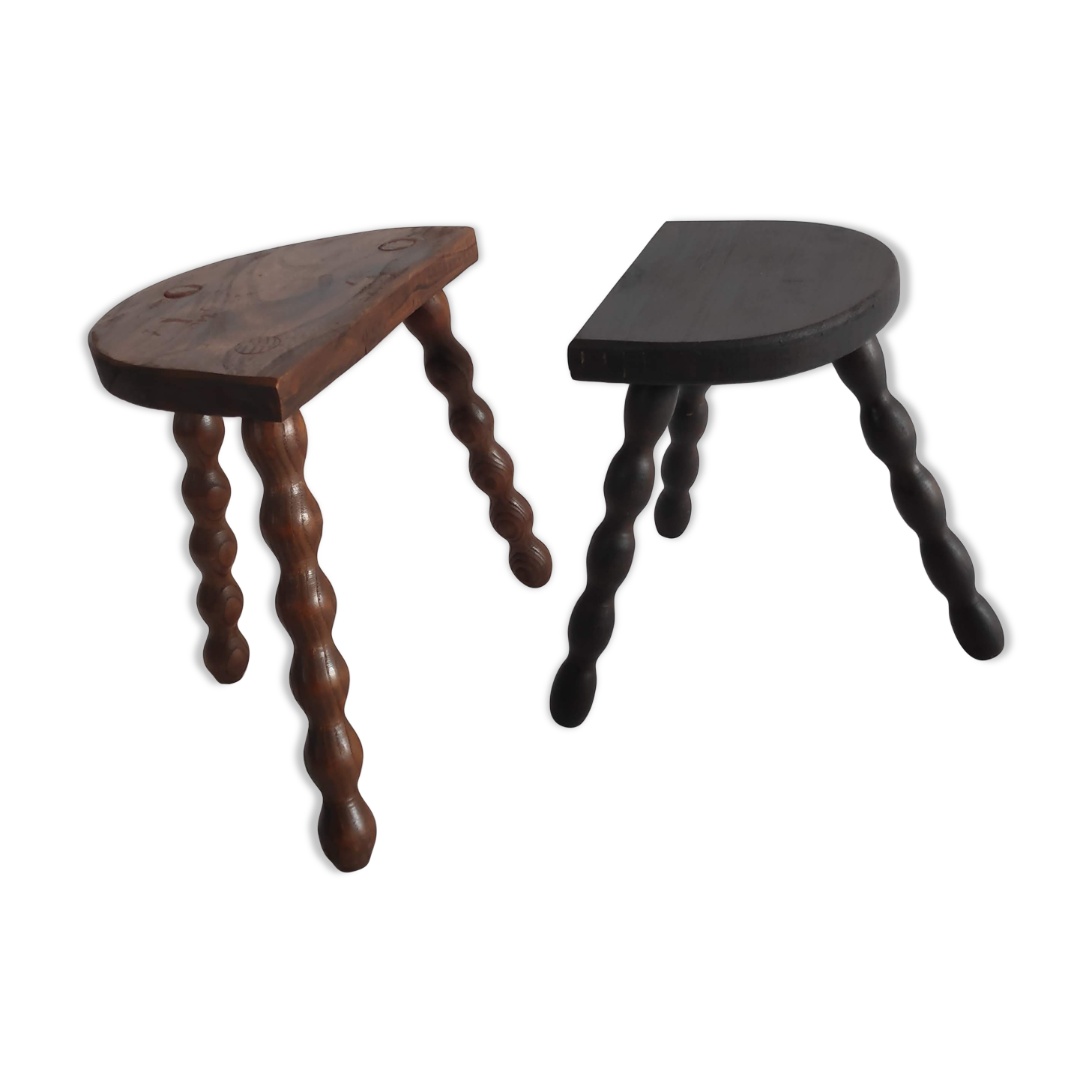 Pair of vintage tripod stools with turned wooden feet