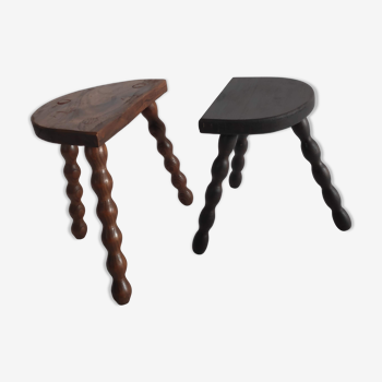 Pair of vintage tripod stools with turned wooden feet