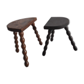 Pair of vintage tripod stools with turned wooden feet