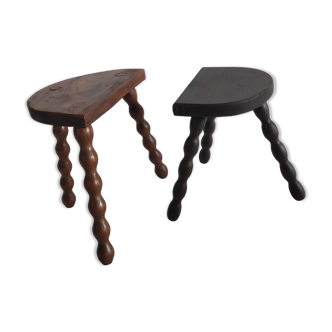 Pair of vintage tripod stools with turned wooden feet