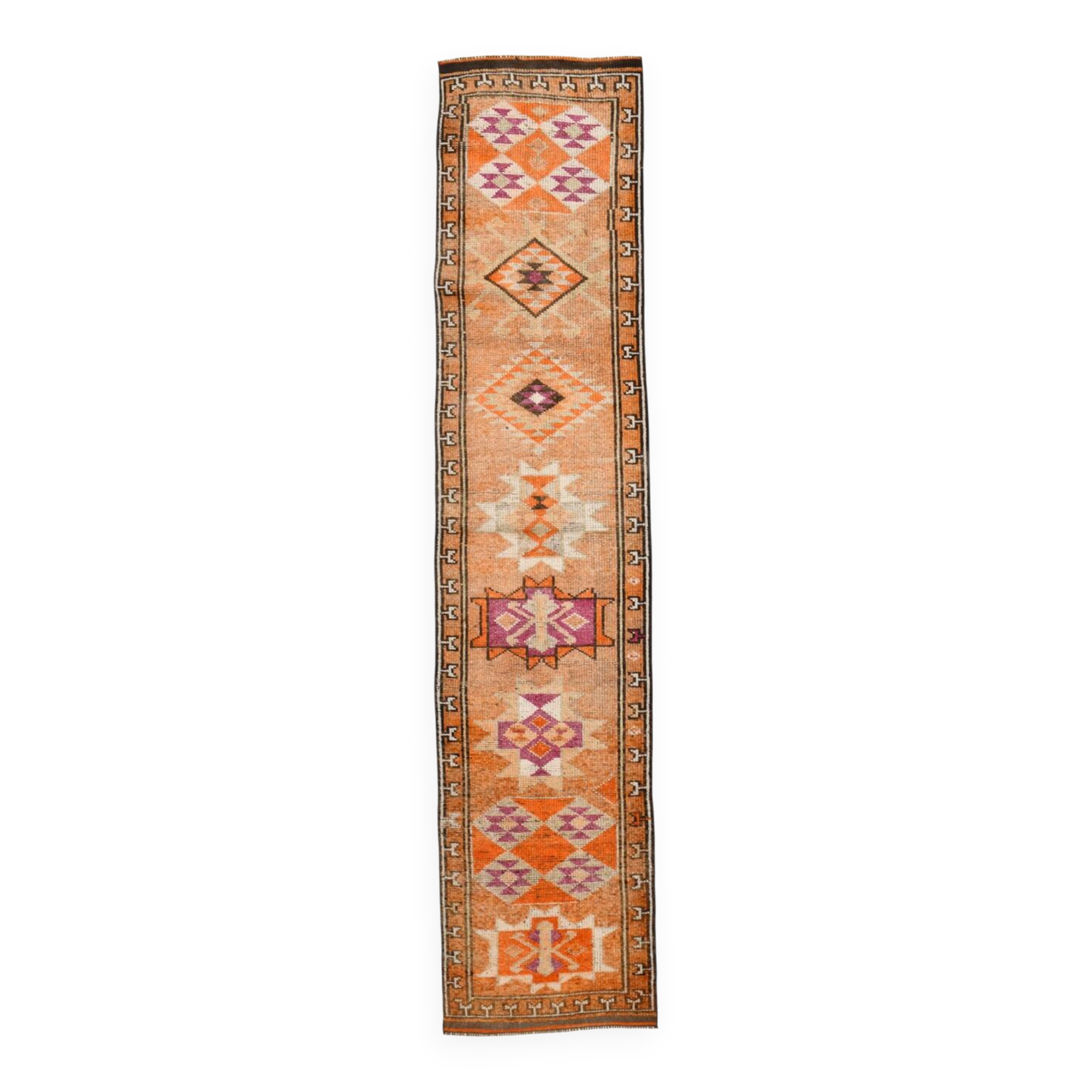 Rare Tapis Runner Vintage Anatolien, Tons Orange et Violet, Fait Main